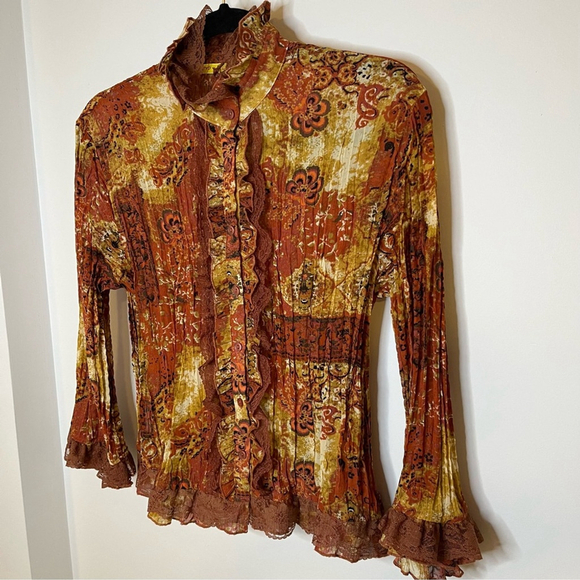 VINTAGE Lloyd Williams Long Sleeve Blouse Print Plisse Lace Trim High Neck (CN) - Picture 4 of 16